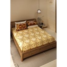 LABHAM Pure Cotton Ethnic Motifs Printed King Size Flat Bedsheet-Beige (Set of 3)