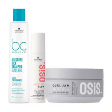 Schwarzkopf Professional Bonacure Moisture Kick Shampoo, Osis Glow Serum & Curl Jam