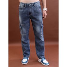 HIGHLANDER Men Straight Fit Mid-Rise Light Fade Medium Shade Clean Look Cargo Jeans