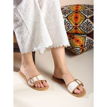 GLAM STORY Embroidered Ivory Checks Open Toe Vegan Leather Slides Flats