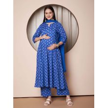 Secret Wish Blue Floral Cotton Maternity Kurta with Pant and Dupatta