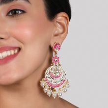 Fida Wedding Ethnic Gold Plated Hot Pink Enamel And Pearl Kundan Floral Drop Earings for Women