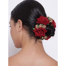 Jazz and Sizzle Artificial Red Rose Flower Handcrafted Fabric Gajra Hair Bun Accessory