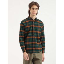 United Colors of Benetton Regular Fit Spread Collar Cord Plaid Checks Dobby Green Casual Shirt