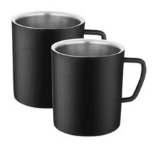 FNS Coffee Mugs - Double Wall BPA Free - Tea Cup Wide Handle - Black Set of 2