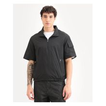 Rare Rabbit Mens Atto Black Nylon Fabric Spread Collar Regular Fit Plain T-Shirt
