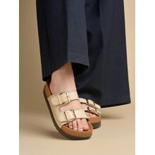 Shoetopia Women Cream Dual Buckle Comfort Sandals