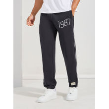 Styli Men Black Cotton Relaxed Fit Terry Joggers with Side cord and Embroidery Detail