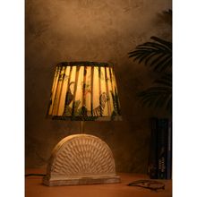 Green Girgit Wooden Half Moon White Base with Pleated Green Lamp Shade