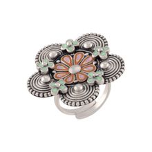 Tribe Amrapali Pink Green Enamel Flower Chandrika Coin Ring