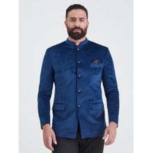 MR BUTTON Men Blue Solid Slim-Fit Velvet Bandhgala