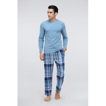 NeceSera Men Blue Plaid Flannel T-Shirt with Pajama (Set of 2)