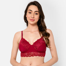 Clovia Lace Solid Padded Full Cup Wire Free Bralette Bra - Maroon