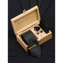 Louis Stitch Men Sable Black Italian Silk Necktie Accessory Gift Set