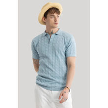 Snitch Men Light Blue Self Design Fresco Knitted Polo T-Shirt