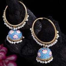 Moedbuille Pearls Studded Handpainted Meenakari Design Gold Plated Handcrafted Brass Jhumkas