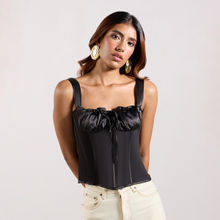 MIXT by Nykaa Fashion Black Solid Satin Square Neck Ruched Corset Top