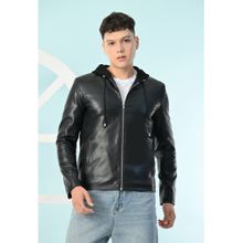TBOJ Men Hooded Solid Casual Biker Black Jacket