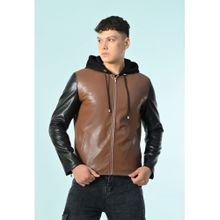 TBOJ Men Hooded Solid Casual Biker Tan Jacket
