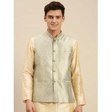 Sanwara Mens Steel Green Printed Art Silk Ethnic Bandi Jacket