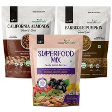NourishVitals California Roasted and Salted Almonds + Superfood Mix + Barbeque Pumpkin Roasted Seed
