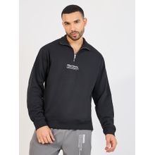 Styli Black Men Minimal Print High Neck Rib Relaxed Sweatshirt