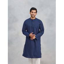 Fabindia Navy Cotton Blend Striped Slim Fit Kurta