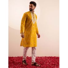 SOJANYA (Since 1958) Men's Cotton Silk Neck Embroidered Mustard Kurta