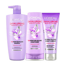 L'Oréal Paris Hyaluron Moisture 72H Hydrated Hair 3 - Step Routine Shampoo + Conditioner + Night Cream