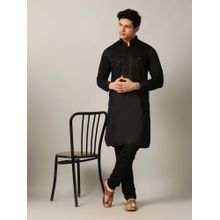 THE KURTA COMPANY Black Silk Blend Solid Pathani Kurta