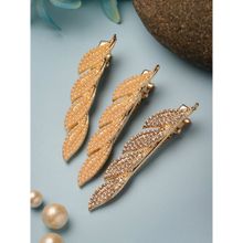 PANASH Gold-Plated Set of 3 CZ Stone & Pearl Leaf Shaped Alligator Hair Clip