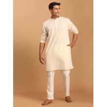 Vastramay Cream Cotton Short Kurta with Pant Style Pyjama (Set of 2)