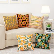 Story@Home Yellow & Brown Graphic 5 Units Of Helio Cushion Covers (Pack of 5) (16x16 inches)