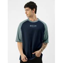 MANIAC Men Navy Blue Cotton Colorblock Oversized T-Shirt