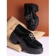The White Pole Sleek Black Patent Leather Chunky Monk Straps for Women