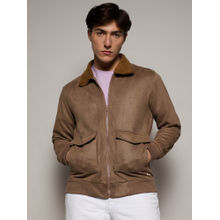 Campus Sutra Mens Zip-Front Beige Jacket With Fleece Collar