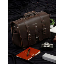 Louis Stitch Brown Italian Leather Laptop Bag Executive Briefcase with Shoulder Strap (L)
