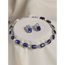 OOMPH Navy Blue American Diamond Necklace Set with Stud Earrings For Women & Girls
