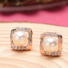 Zaveri Pearls Rose Gold Cubic Zirconia & Pearl Contemporary Brass Stud Earring (ZPFK10092)