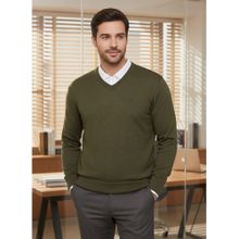 98 Degree North Men Merino Wool Blend V-Neck Olive Pullover Sweater