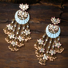 Zaveri Pearls Enamelling Turquoise Blue & Pink Lotus Kundan Dangle Earring - ZPFK8783