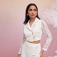 RSVP by Nykaa Fashion White Cord Lace Full Sleeves Crop Party Biker Jacket