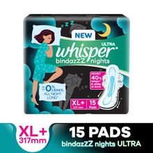 Whisper Bindazzz Night Thin XL+ Sanitary Pads For Upto 0% Leaks-40% Longer With Dry Top Sheet