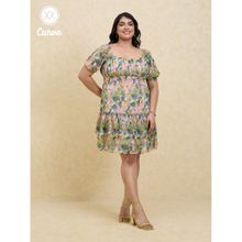 Twenty Dresses by Nykaa Fashion Curve Multicolor Floral Printed Puff Sleeves Short Dress