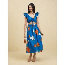 Twenty Dresses by Nykaa Fashion Blue Floral Print V Neck Midi Skirt Co-Ords (Set of 3)