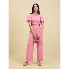Twenty Dresses by Nykaa Fashion Solid Pink Round Neck Crop Top High Waist Pants Co-ords (Set of 2)