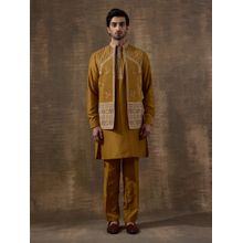 SATWAA Deep Mustard Temple Embroidered Men Kurta with Pant and Nehru Jacket