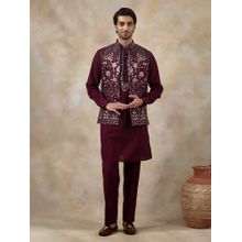 SATWAA Deep Wine Floral Embroidered Men Kurta with Pant and Nehru Jacket