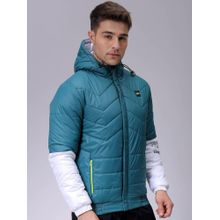 The Indian Garage Co Men Teal Colorblock Hooded Full Sleeves Jacket