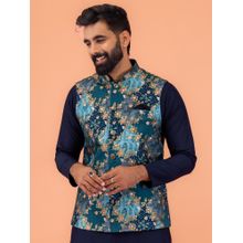 KISAH Teal Blue Cotton Silk Floral Nehru Jacket